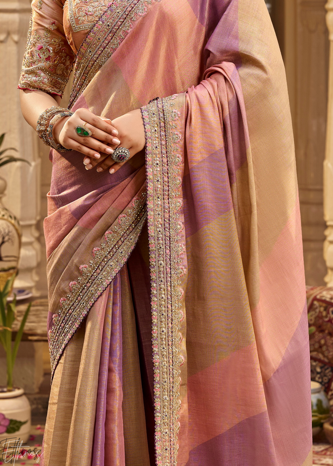 Multicolor Pastel Diagonal Striped Satin Silk Saree