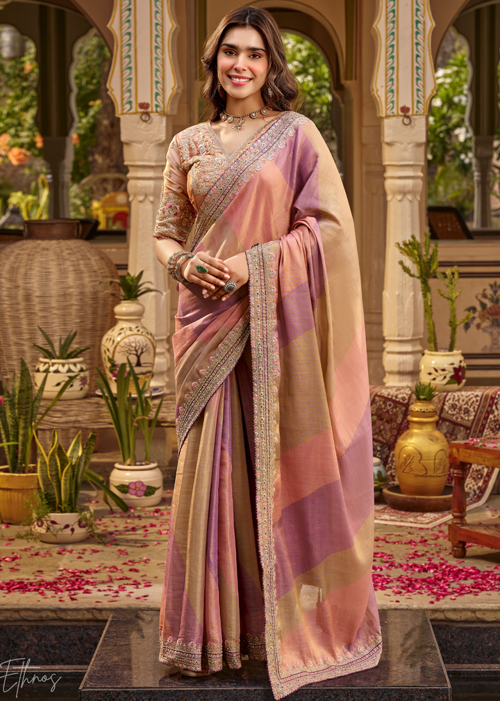 Multicolor Pastel Diagonal Striped Satin Silk Saree