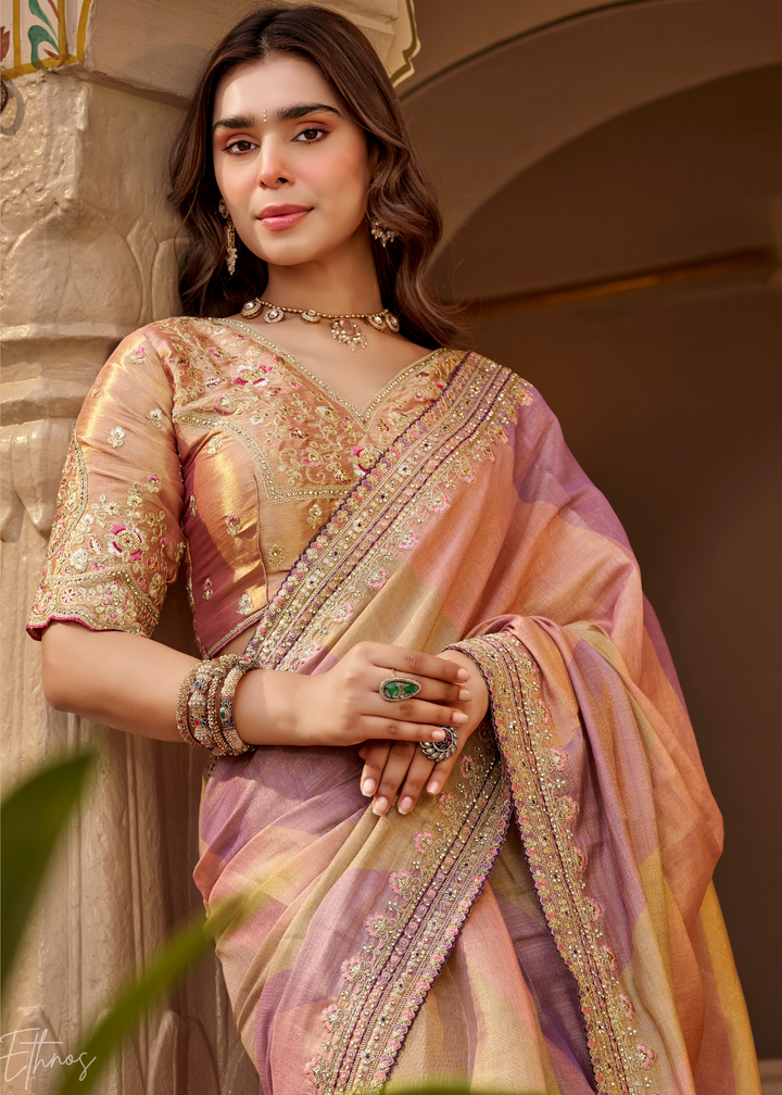 Multicolor Pastel Diagonal Striped Satin Silk Saree