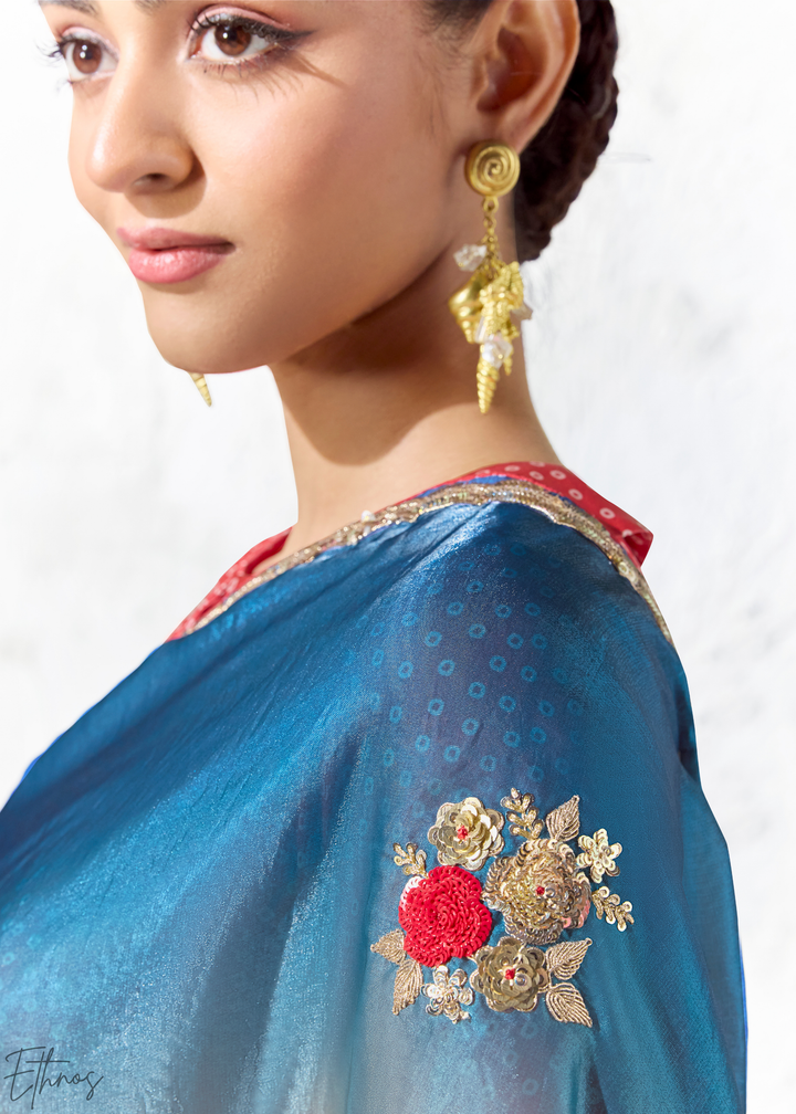 Multicolor Tri-Tone Gradient Ombre Organza Silk Saree
