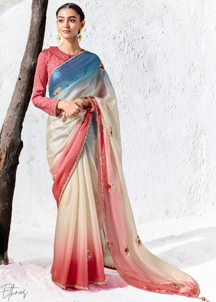Multicolor Tri-Tone Gradient Ombre Organza Silk Saree