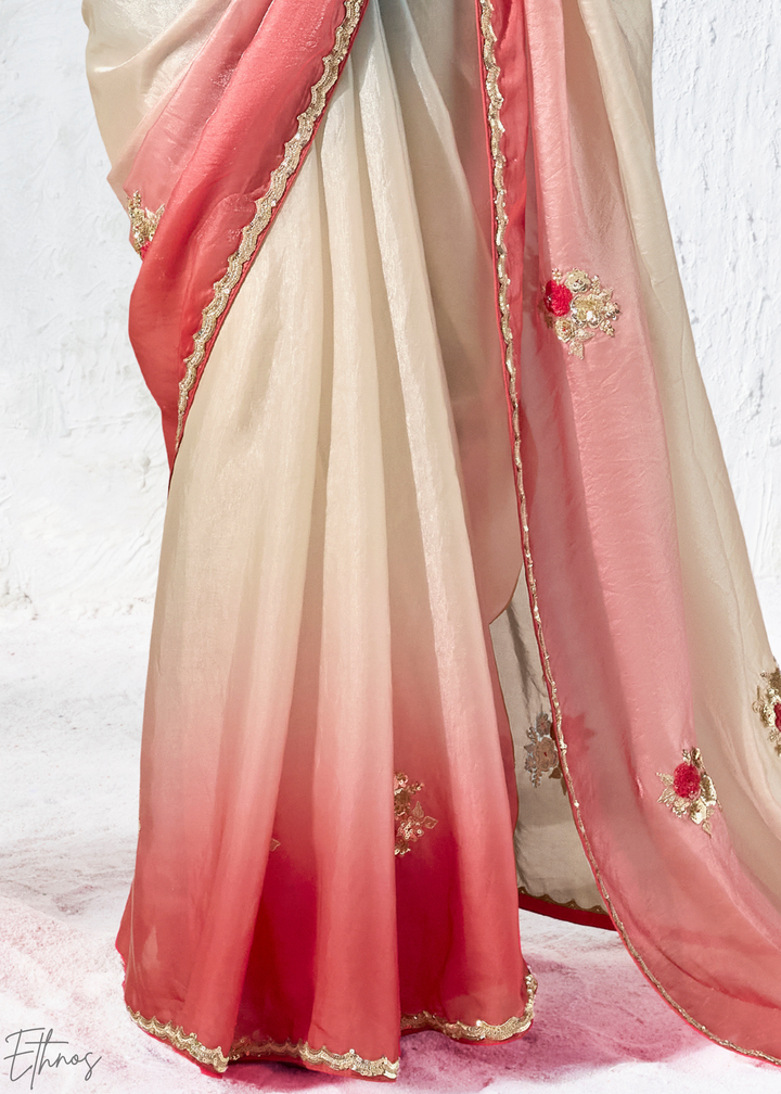 Multicolor Tri-Tone Gradient Ombre Organza Silk Saree