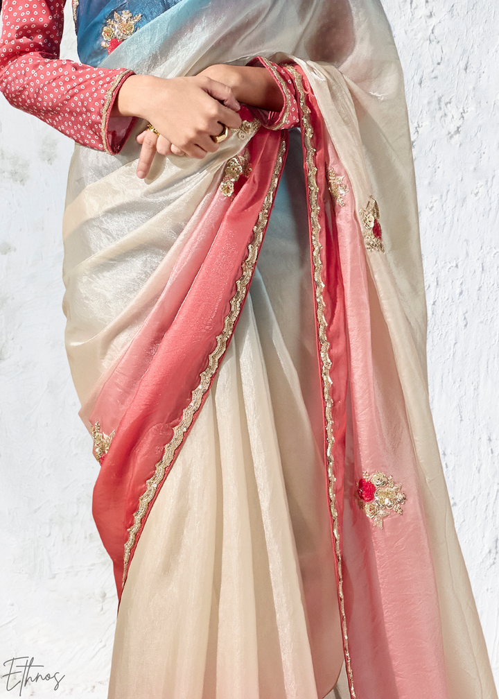 Multicolor Tri-Tone Gradient Ombre Organza Silk Saree