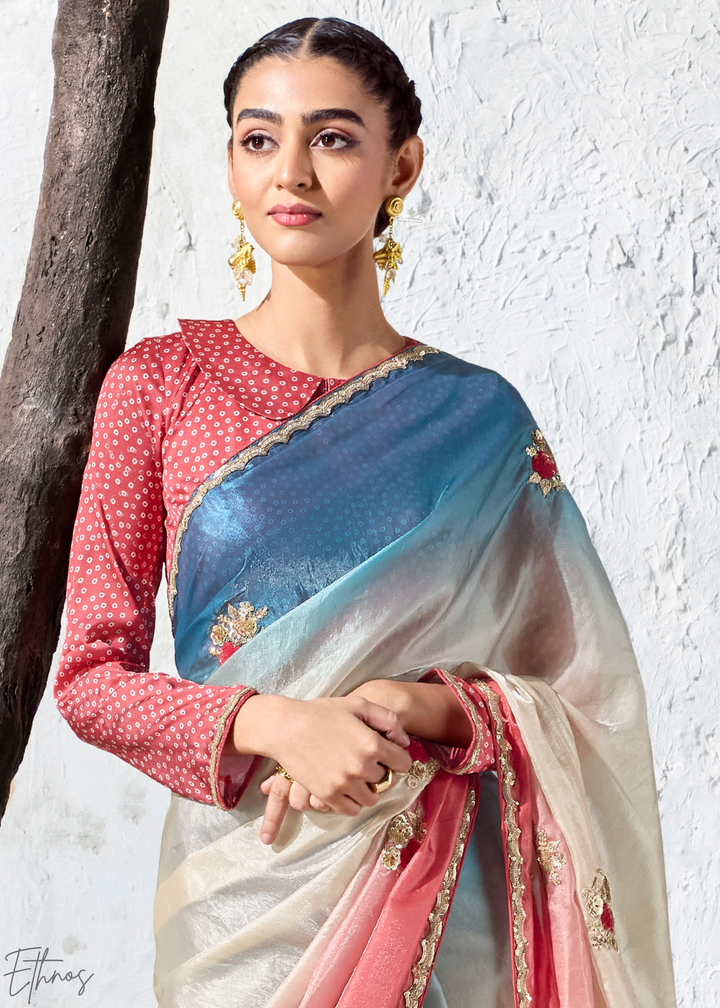 Multicolor Tri-Tone Gradient Ombre Organza Silk Saree