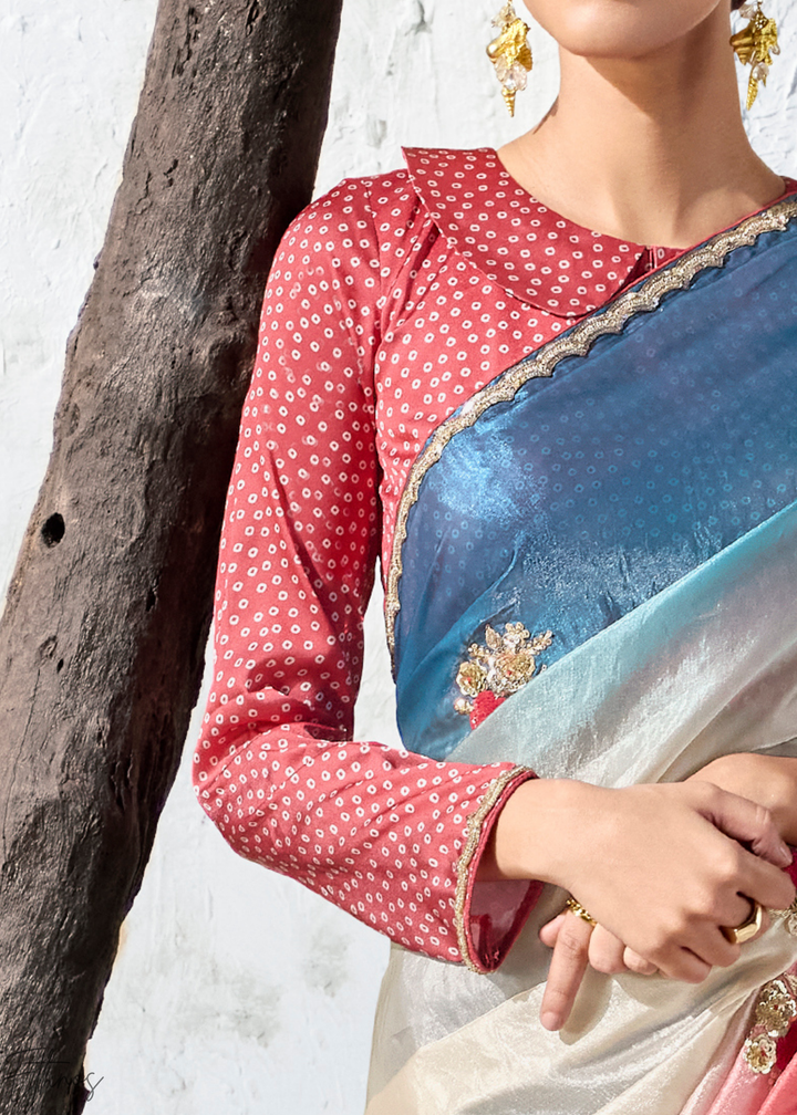Multicolor Tri-Tone Gradient Ombre Organza Silk Saree