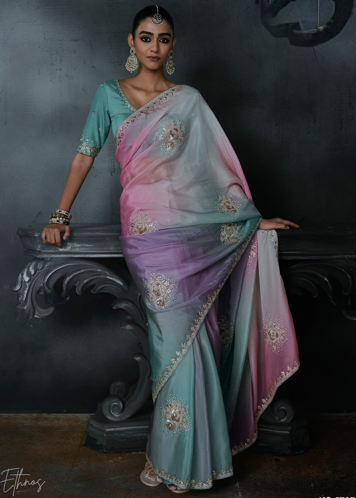 Multicolor Tri-Tone Gradient Organza Silk Saree