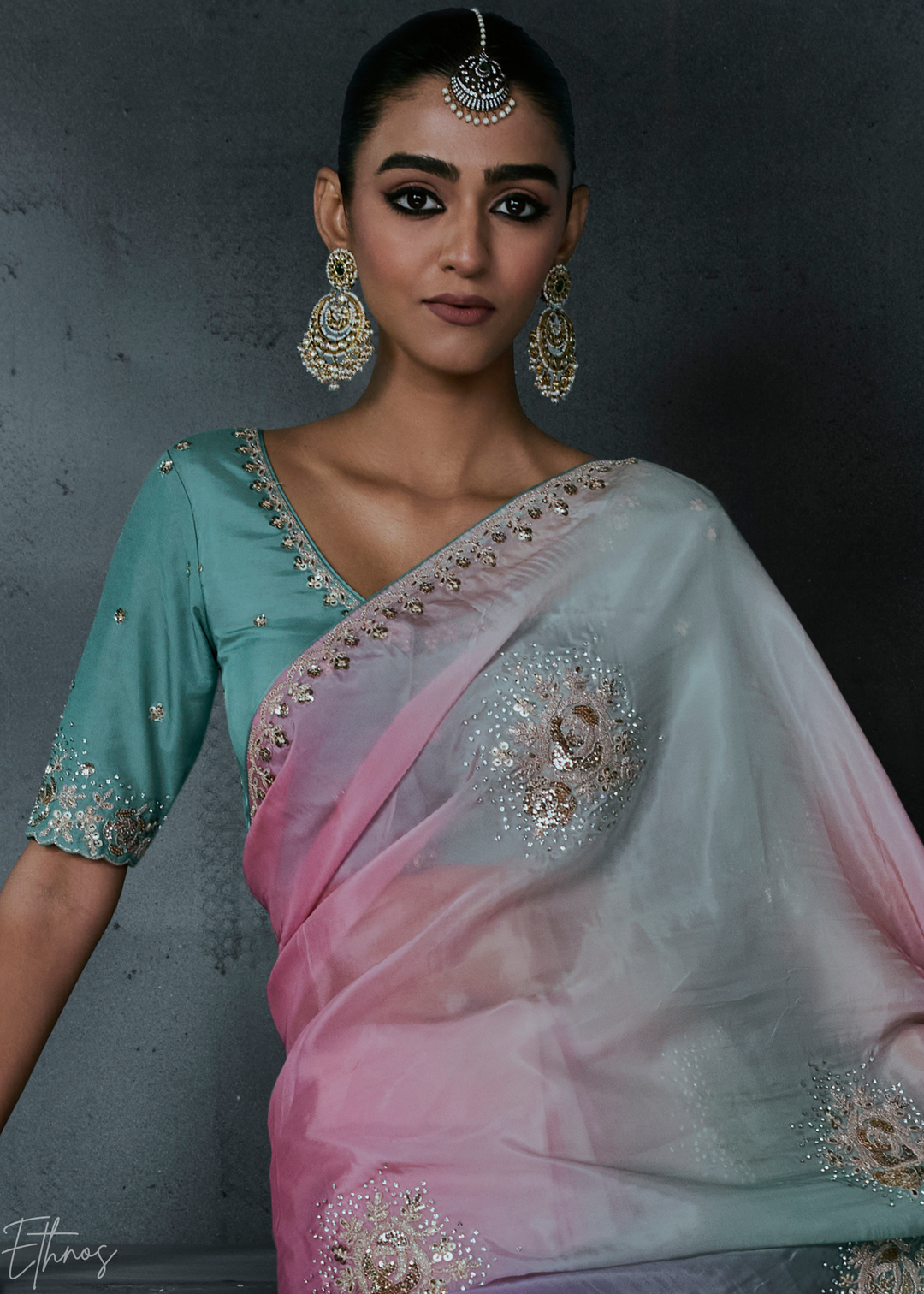 Multicolor Tri-Tone Gradient Organza Silk Saree