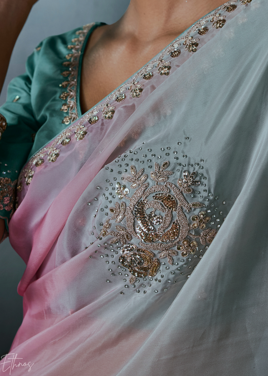 Multicolor Tri-Tone Gradient Organza Silk Saree