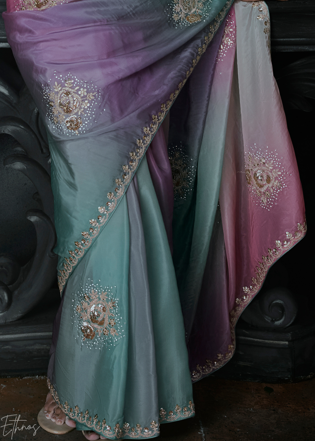 Multicolor Tri-Tone Gradient Organza Silk Saree
