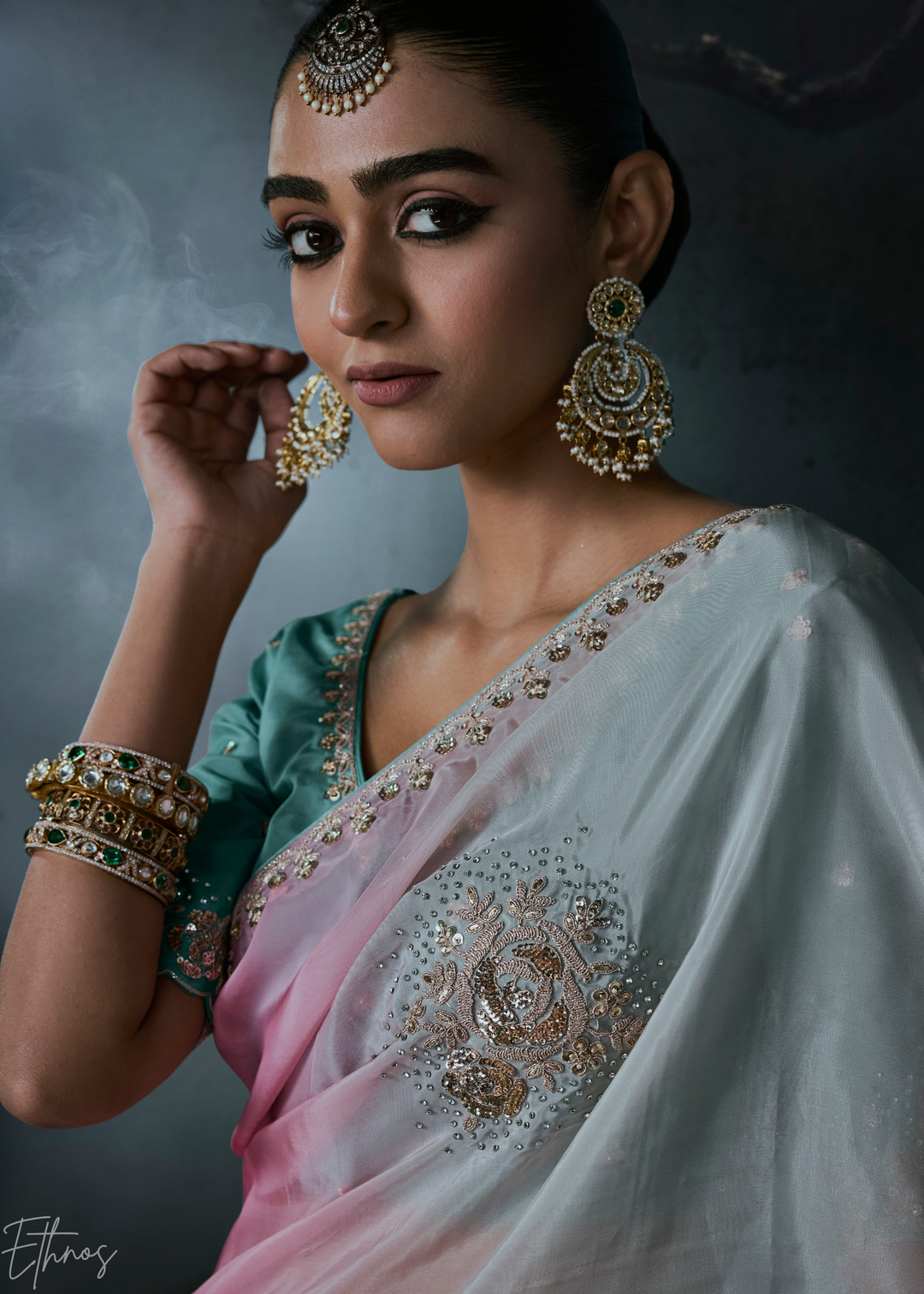 Multicolor Tri-Tone Gradient Organza Silk Saree