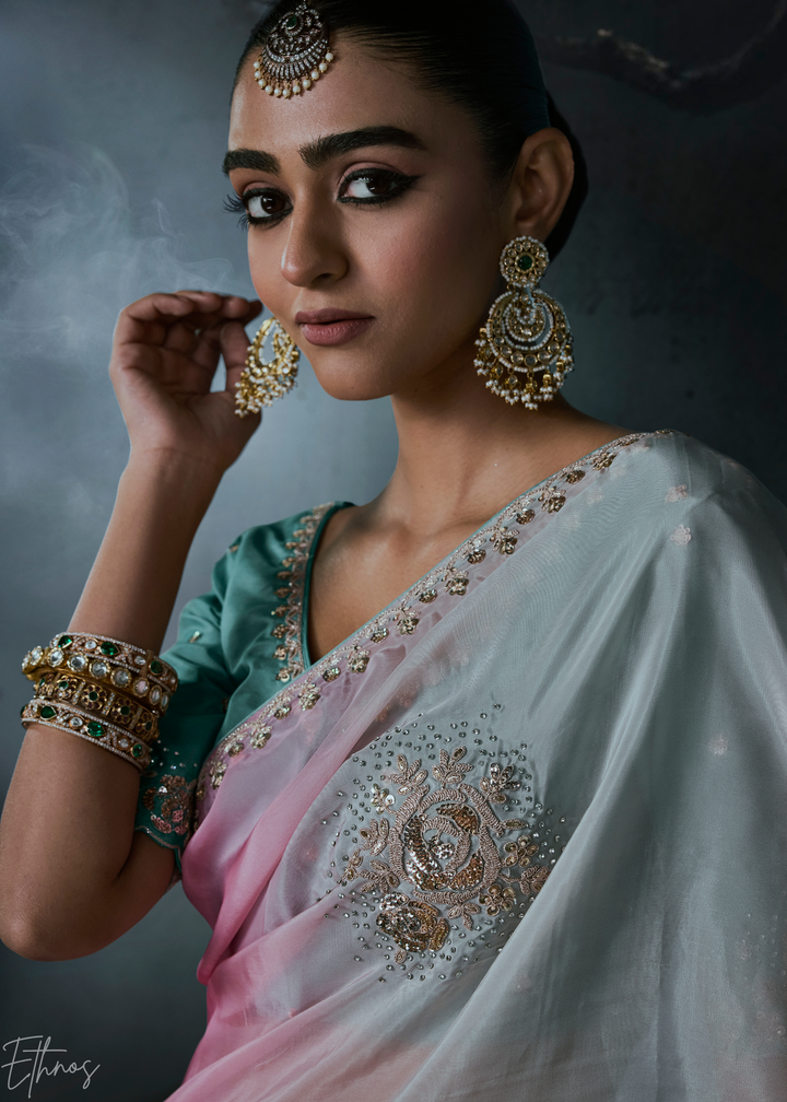 Multicolor Tri-Tone Gradient Organza Silk Saree