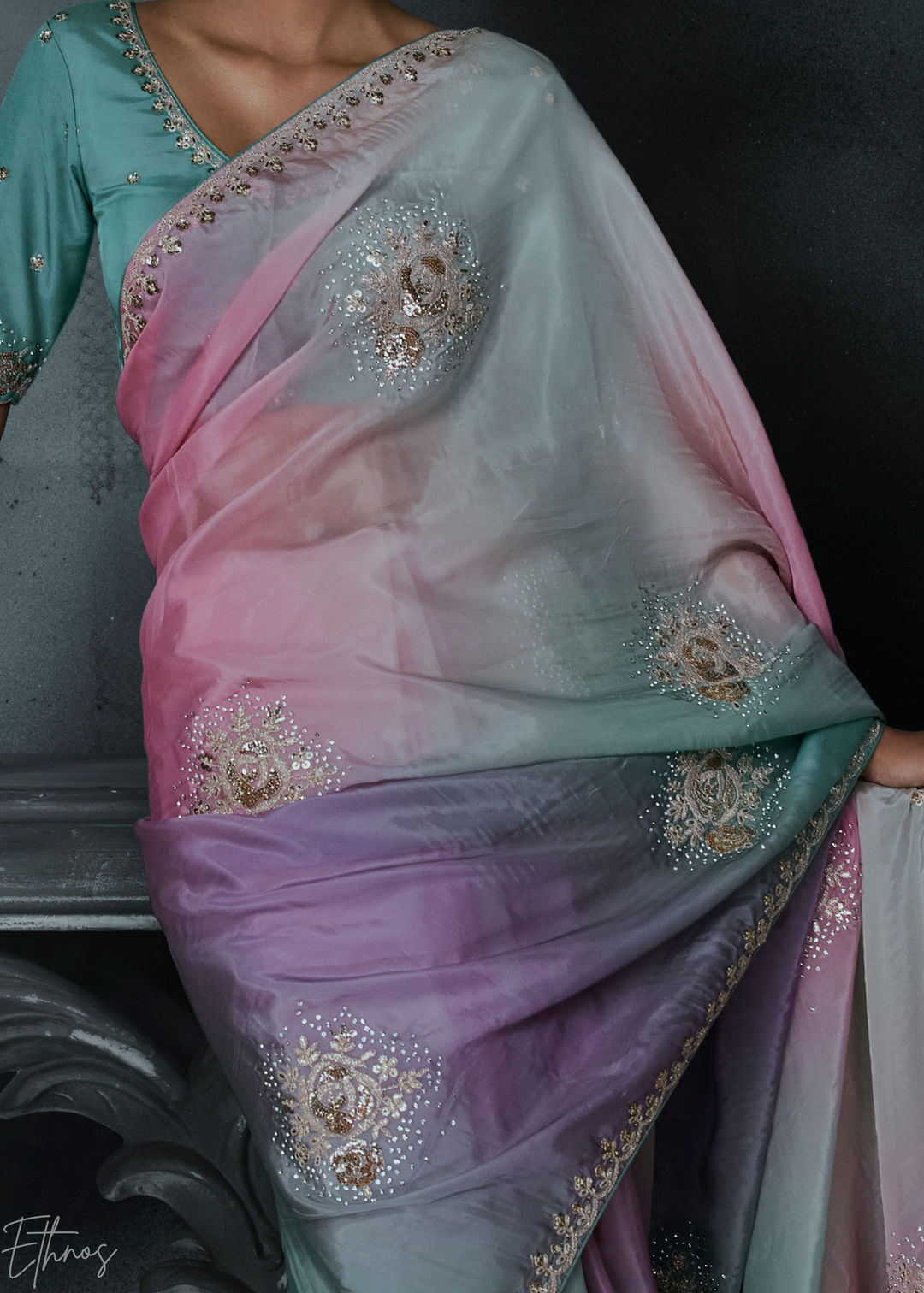 Multicolor Tri-Tone Gradient Organza Silk Saree