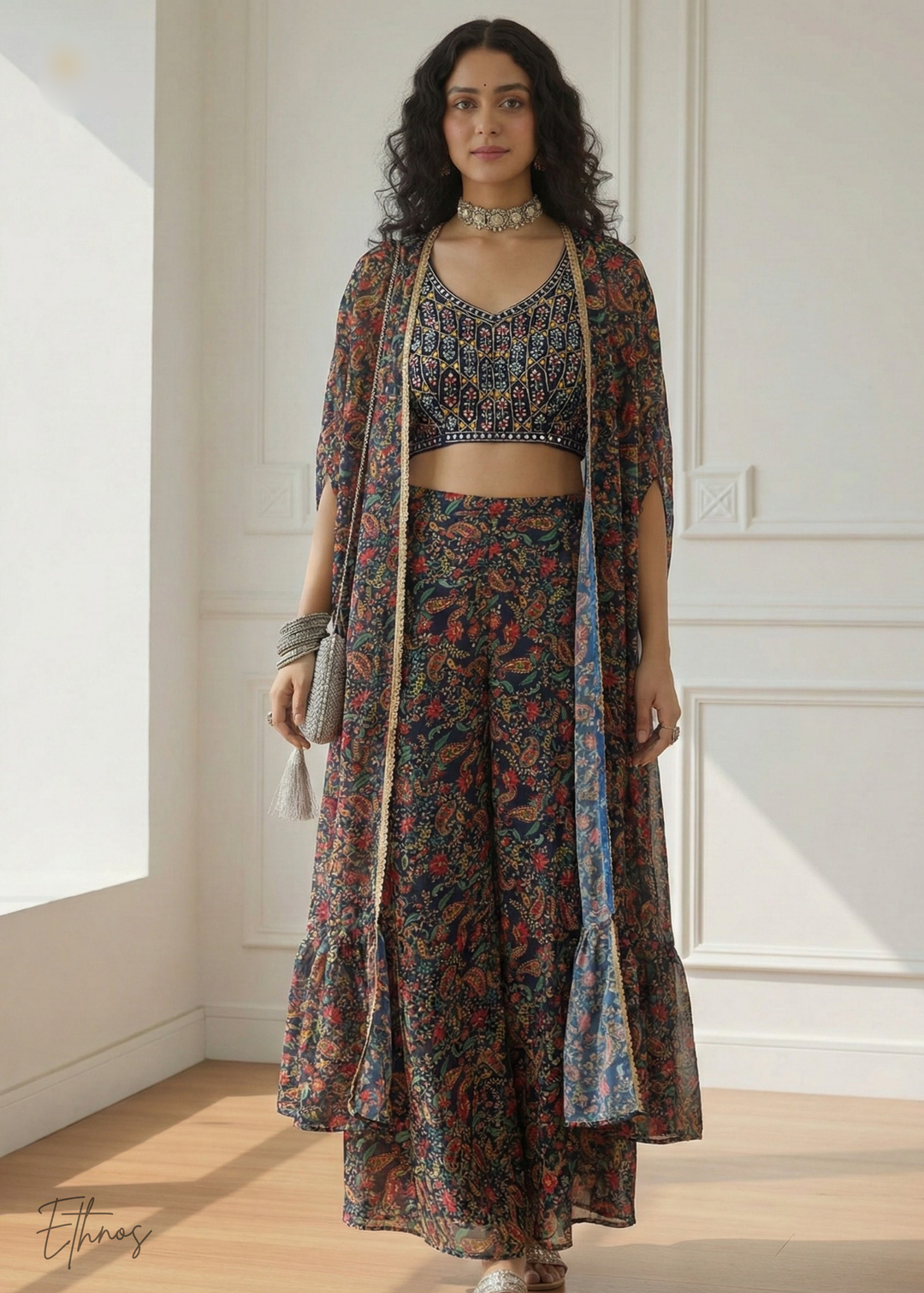 Multicoloured Georgette Shrug Choli Sharara Suit