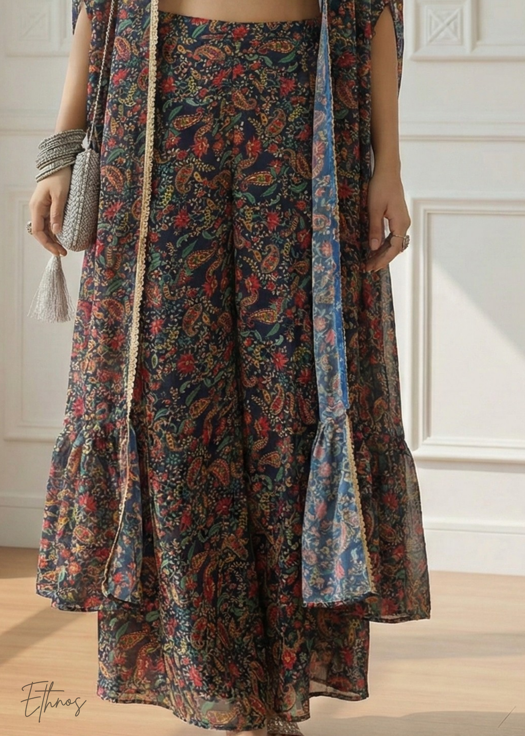 Multicoloured Georgette Shrug Choli Sharara Suit