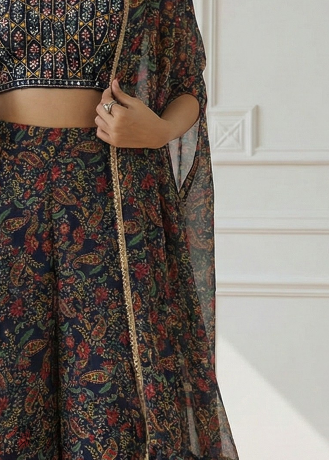 Multicoloured Georgette Shrug Choli Sharara Suit