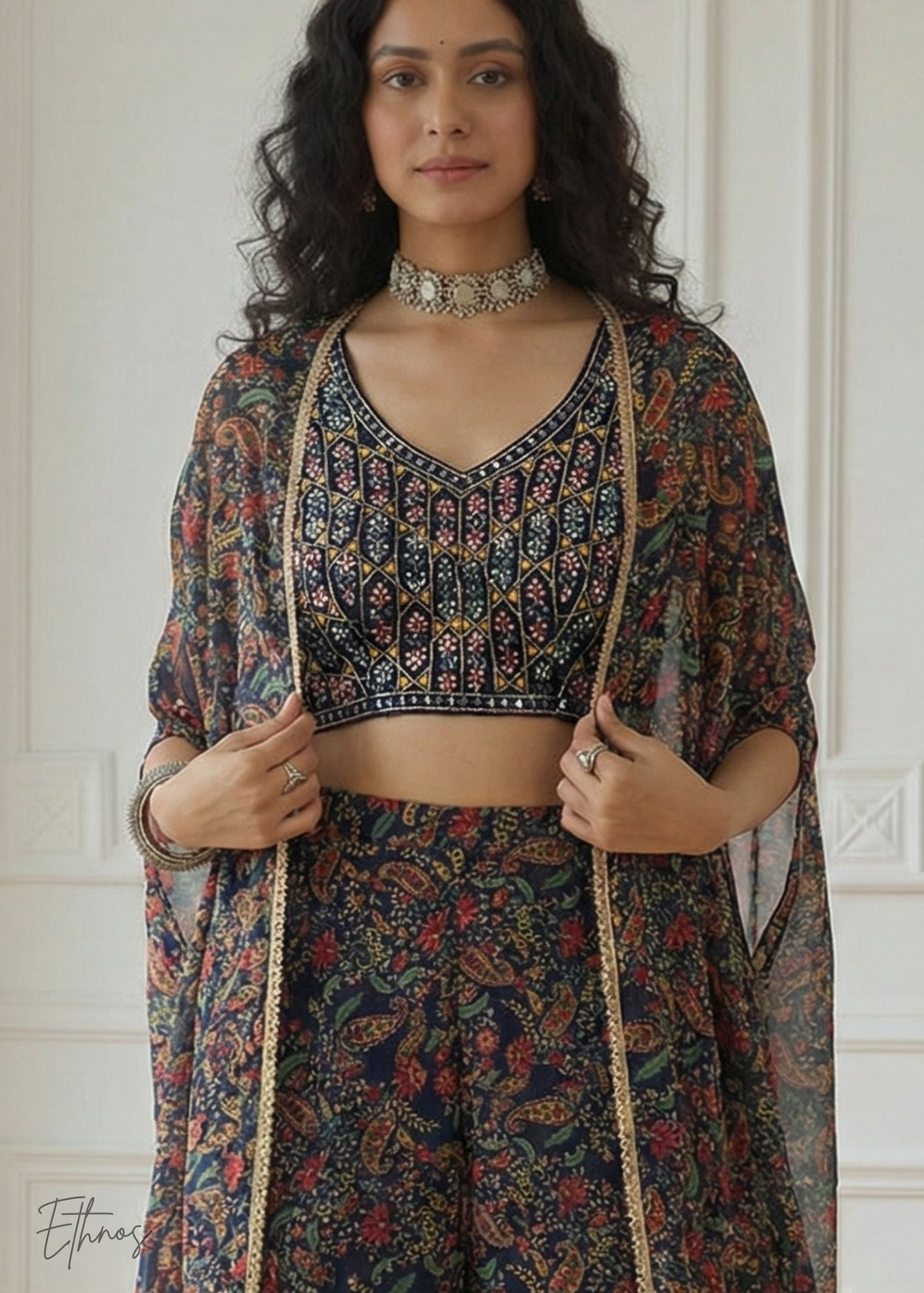 Multicoloured Georgette Shrug Choli Sharara Suit