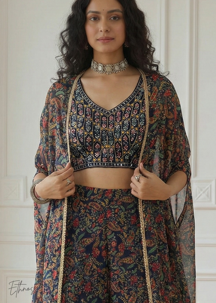 Multicoloured Georgette Shrug Choli Sharara Suit