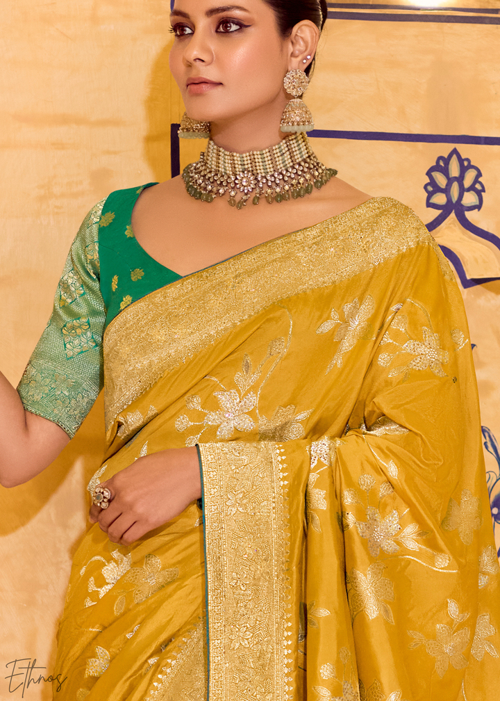Mustard Yellow Zari Crepe Silk Saree