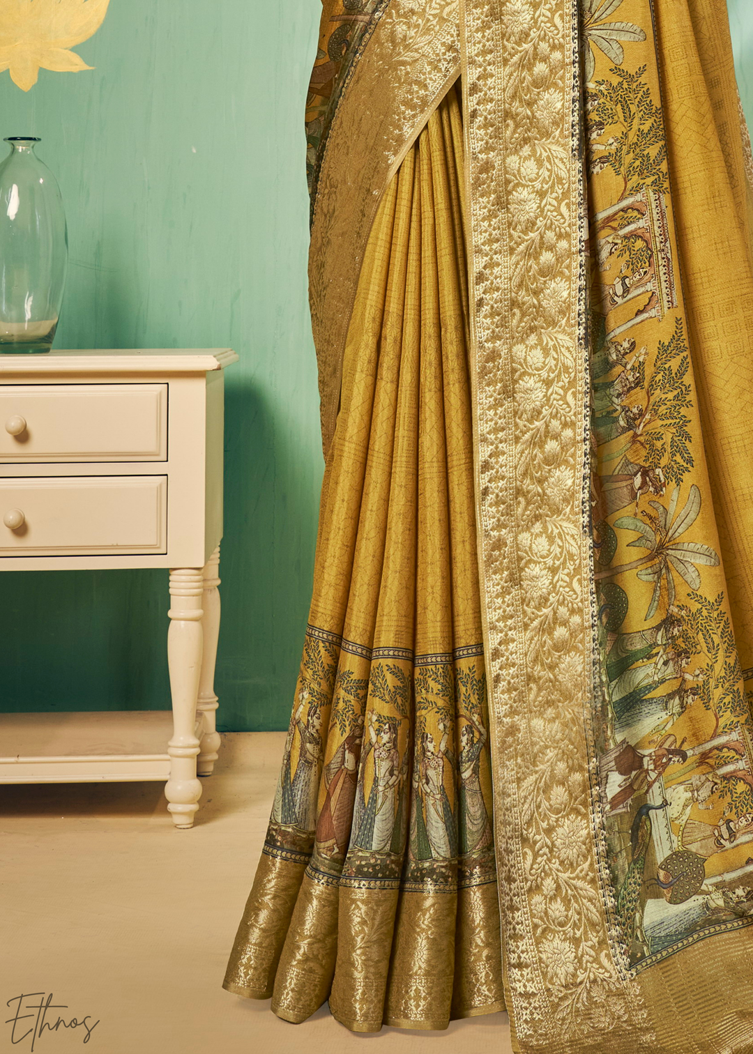 Mustard-Gold Heritage-Print Dola Poly-Viscose Saree