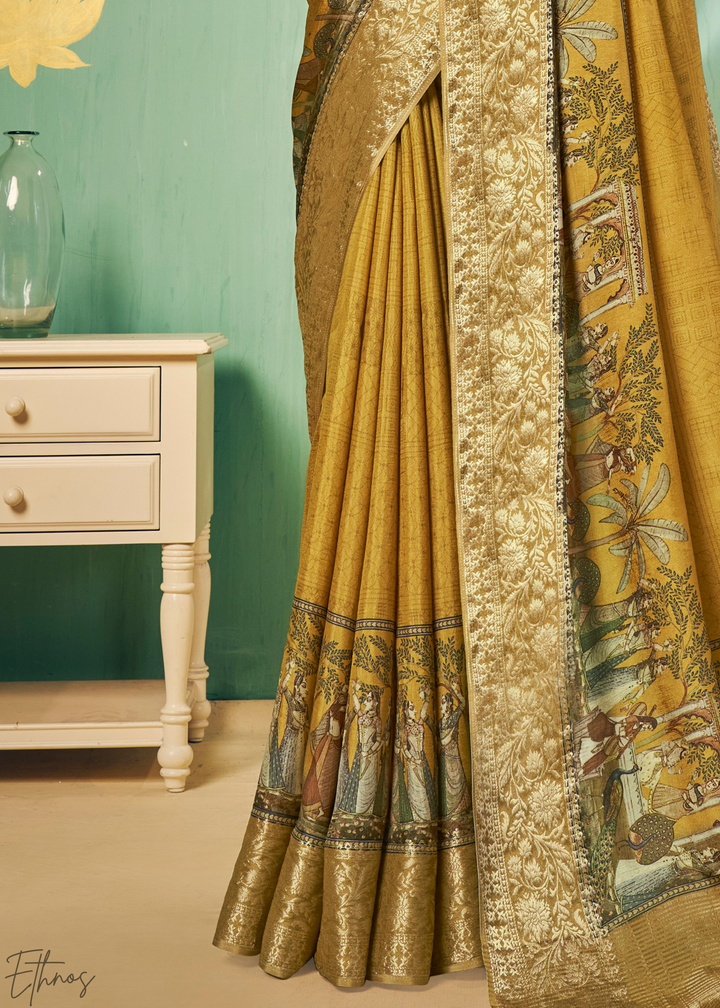 Mustard-Gold Heritage-Print Dola Poly-Viscose Saree