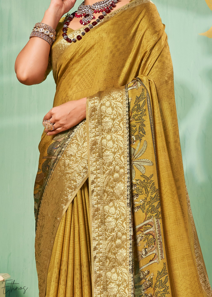 Mustard-Gold Heritage-Print Dola Poly-Viscose Saree