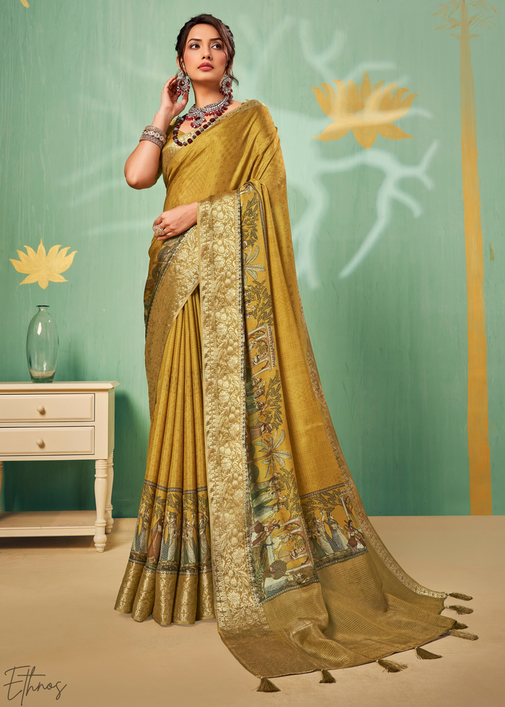 Mustard-Gold Heritage-Print Dola Poly-Viscose Saree