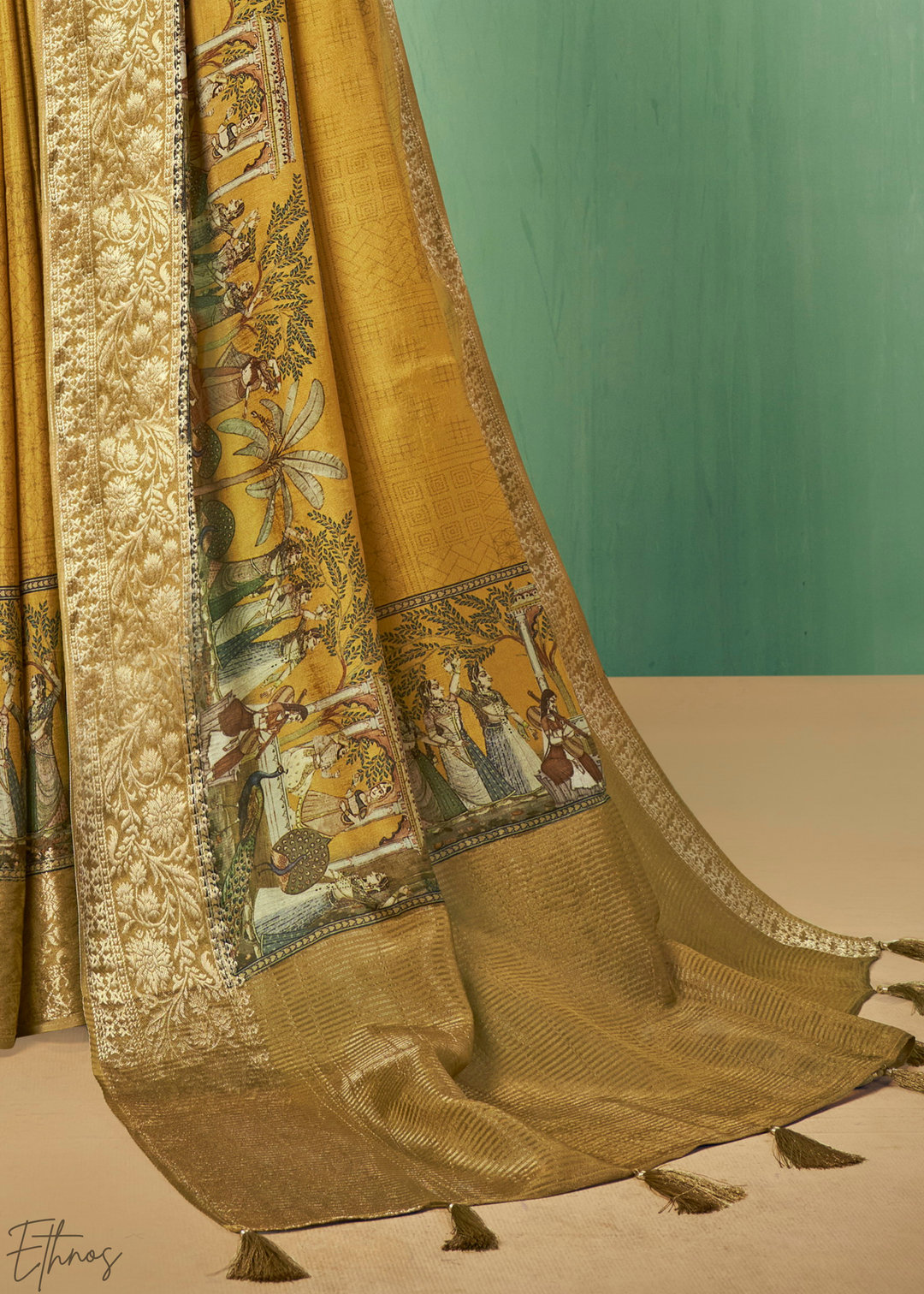 Mustard-Gold Heritage-Print Dola Poly-Viscose Saree