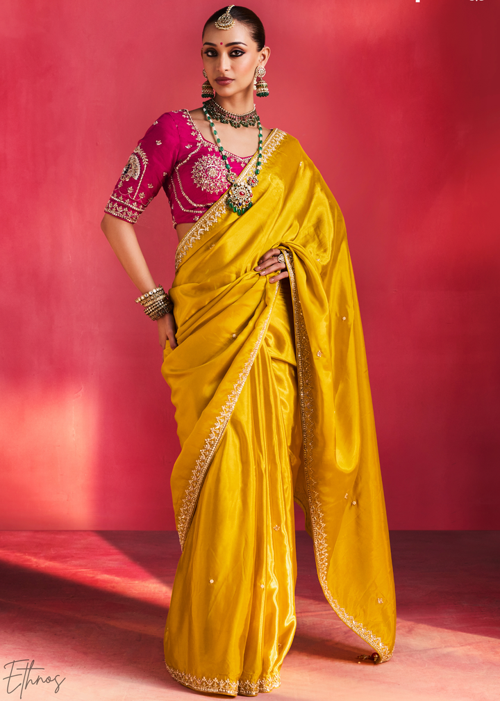Mustard Amber Paisley Trim Border Soft Silk Saree