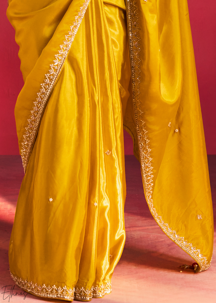 Mustard Amber Paisley Trim Border Soft Silk Saree