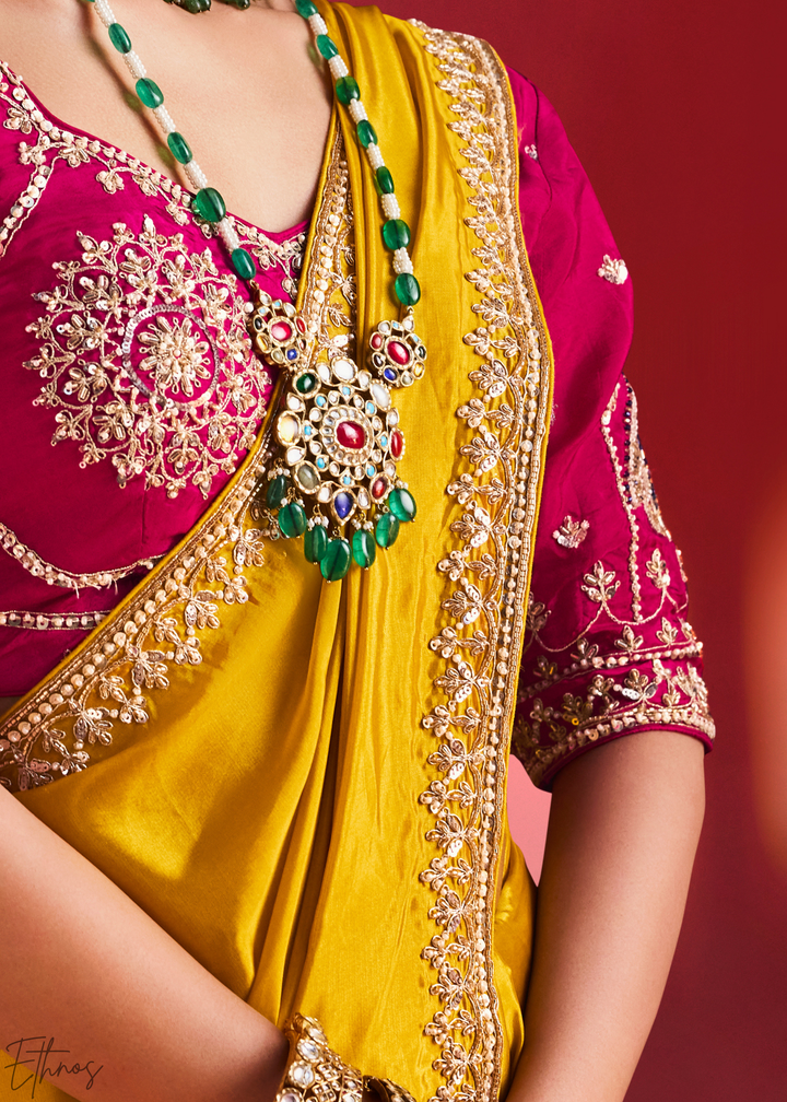 Mustard Amber Paisley Trim Border Soft Silk Saree