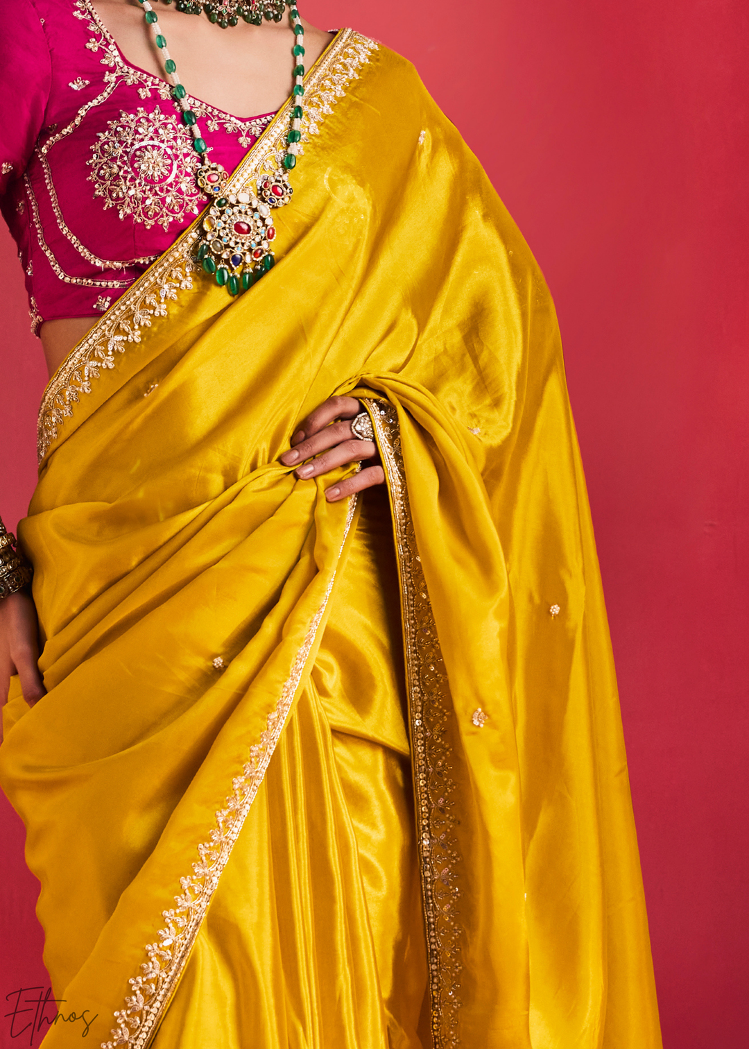Mustard Amber Paisley Trim Border Soft Silk Saree