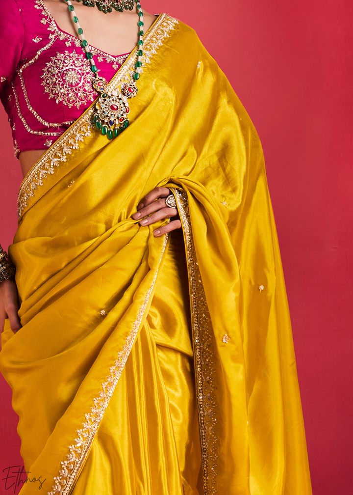 Mustard Amber Paisley Trim Border Soft Silk Saree