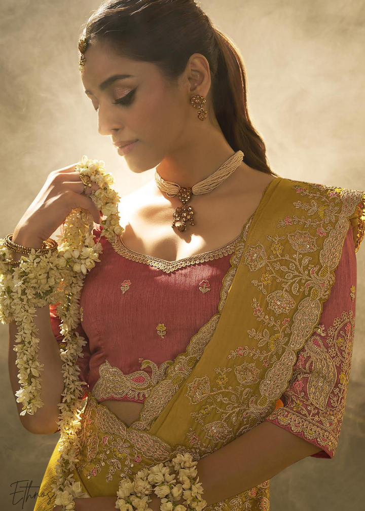 Mustard Amber Woven Scallop Border Upada Silk Saree
