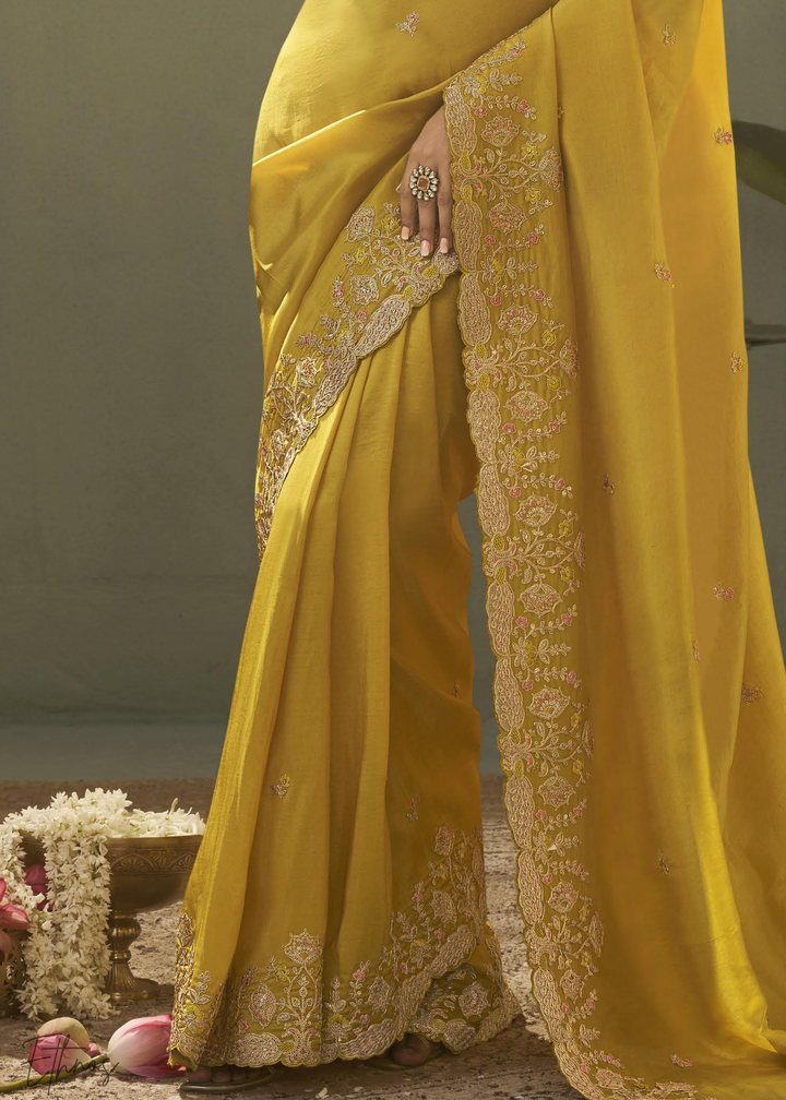 Mustard Amber Woven Scallop Border Upada Silk Saree