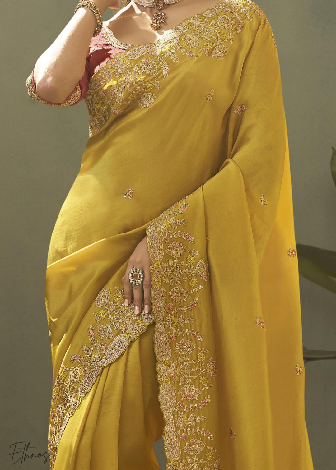 Mustard Amber Woven Scallop Border Upada Silk Saree