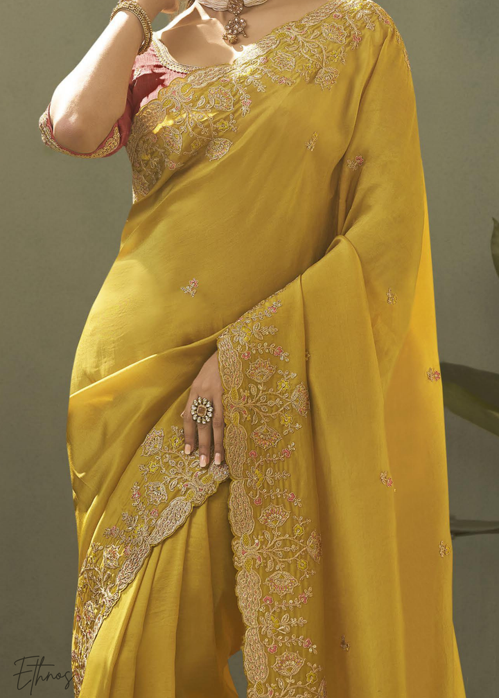 Mustard Amber Woven Scallop Border Upada Silk Saree