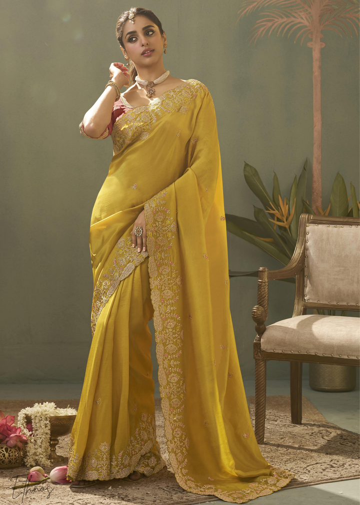 Mustard Amber Woven Scallop Border Upada Silk Saree