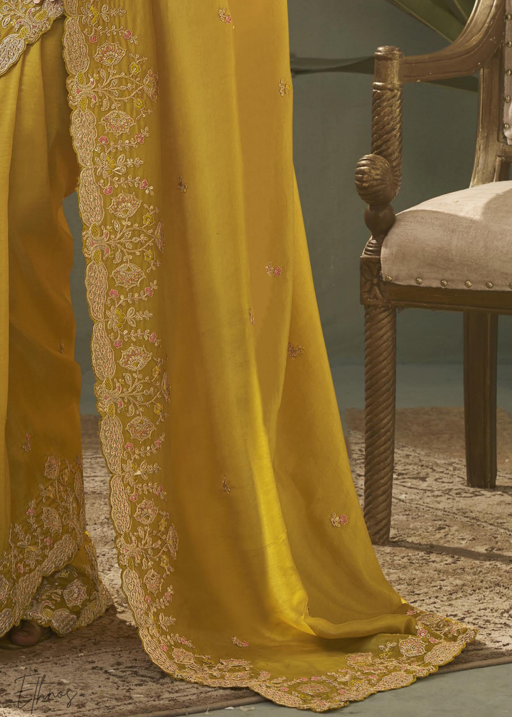 Mustard Amber Woven Scallop Border Upada Silk Saree