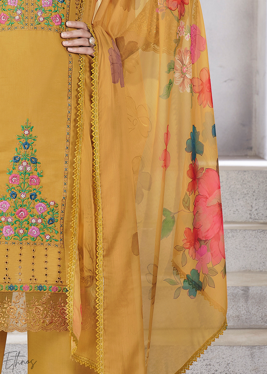 Mustard Embellished Flora Silk Palazzo Suit