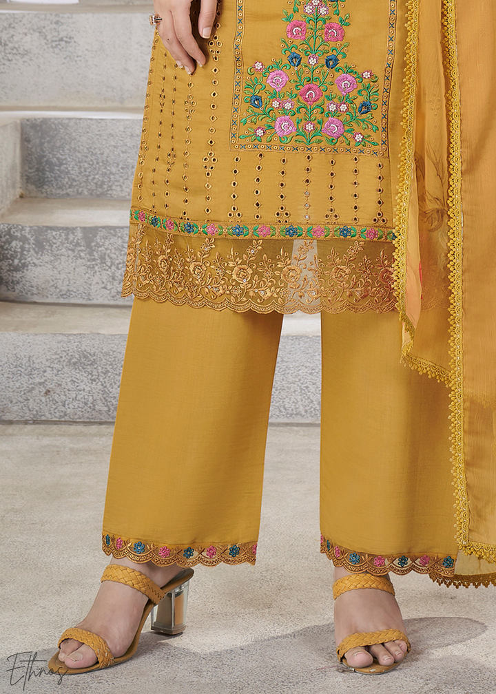 Mustard Embellished Flora Silk Palazzo Suit