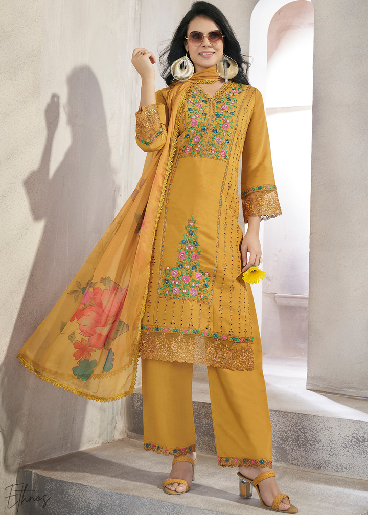 Mustard Embellished Flora Silk Palazzo Suit