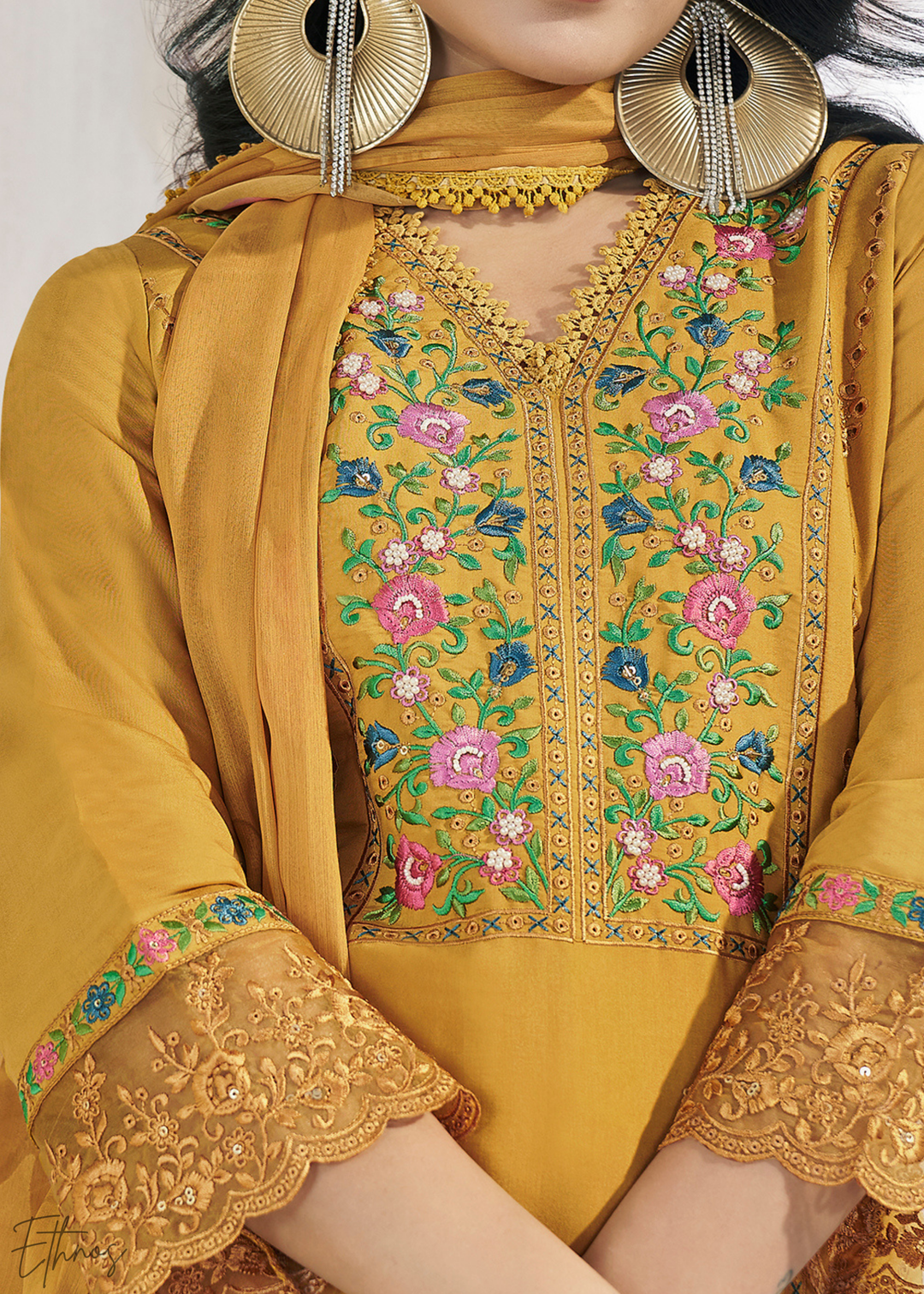 Mustard Embellished Flora Silk Palazzo Suit