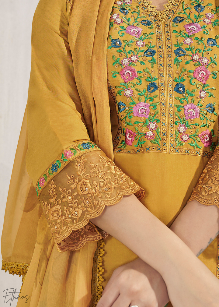 Mustard Embellished Flora Silk Palazzo Suit