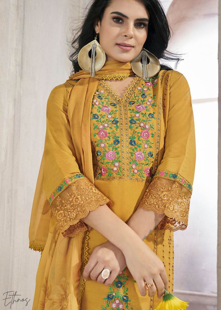Mustard Embellished Flora Silk Palazzo Suit