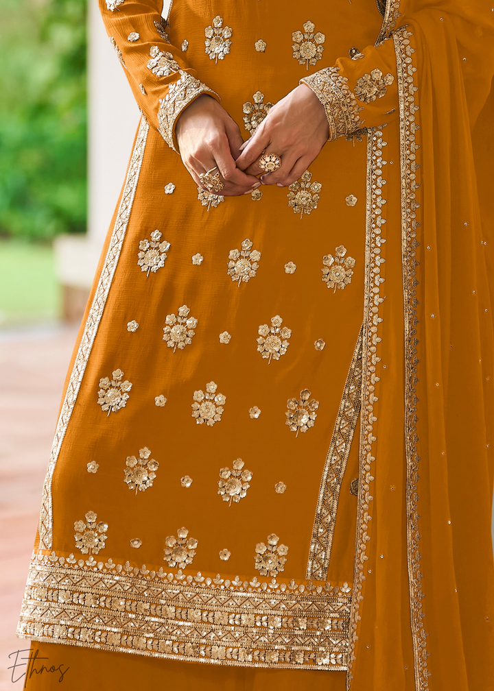 Mustard Embroidered Chinon Palazzo Suit
