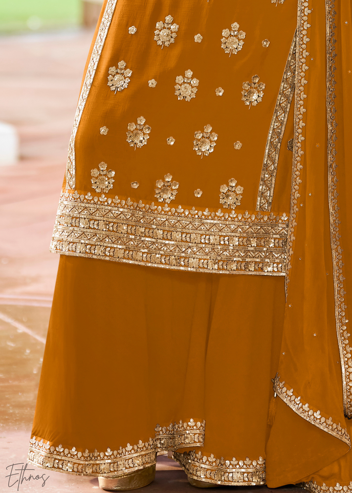 Mustard Embroidered Chinon Palazzo Suit