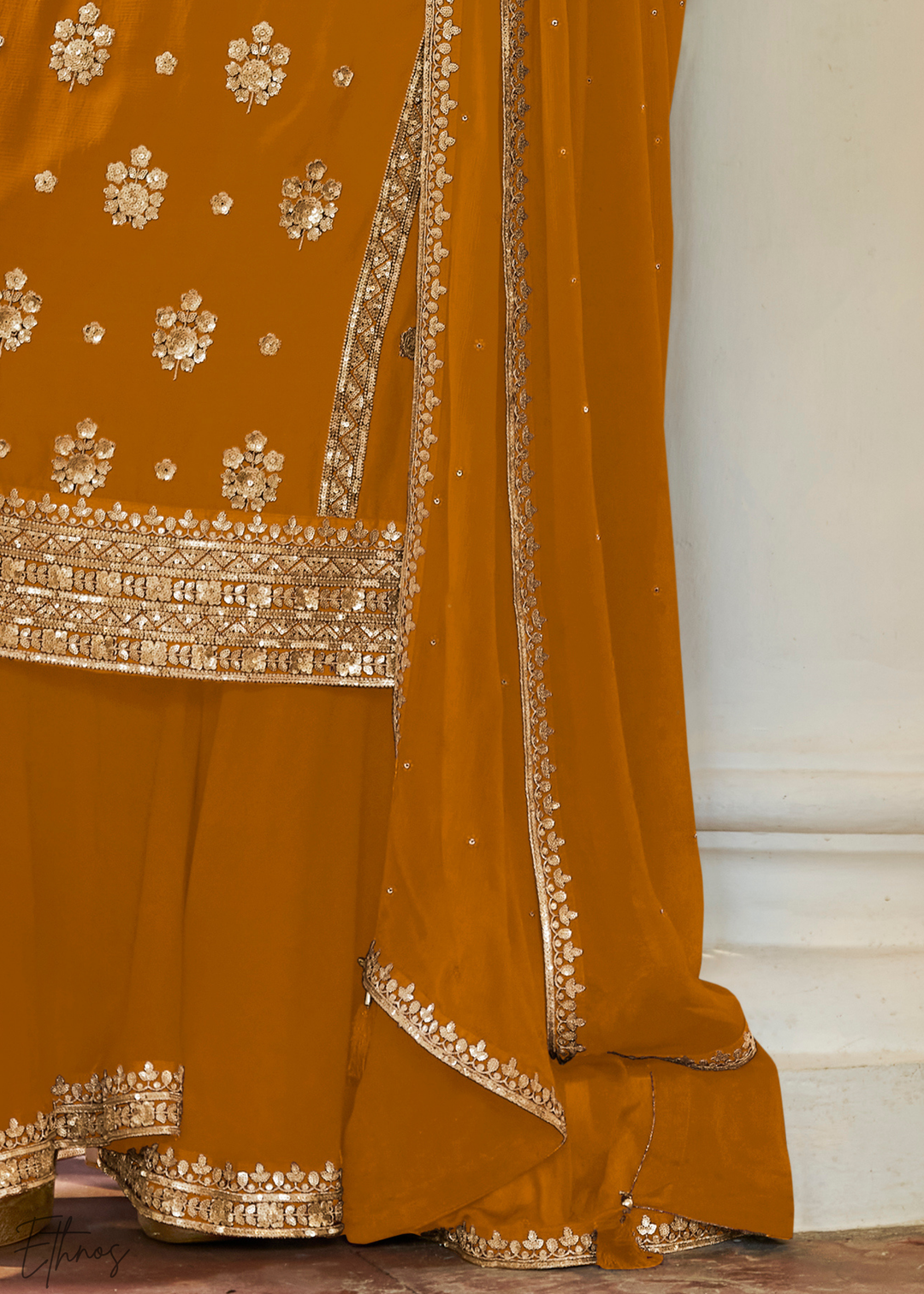 Mustard Embroidered Chinon Palazzo Suit