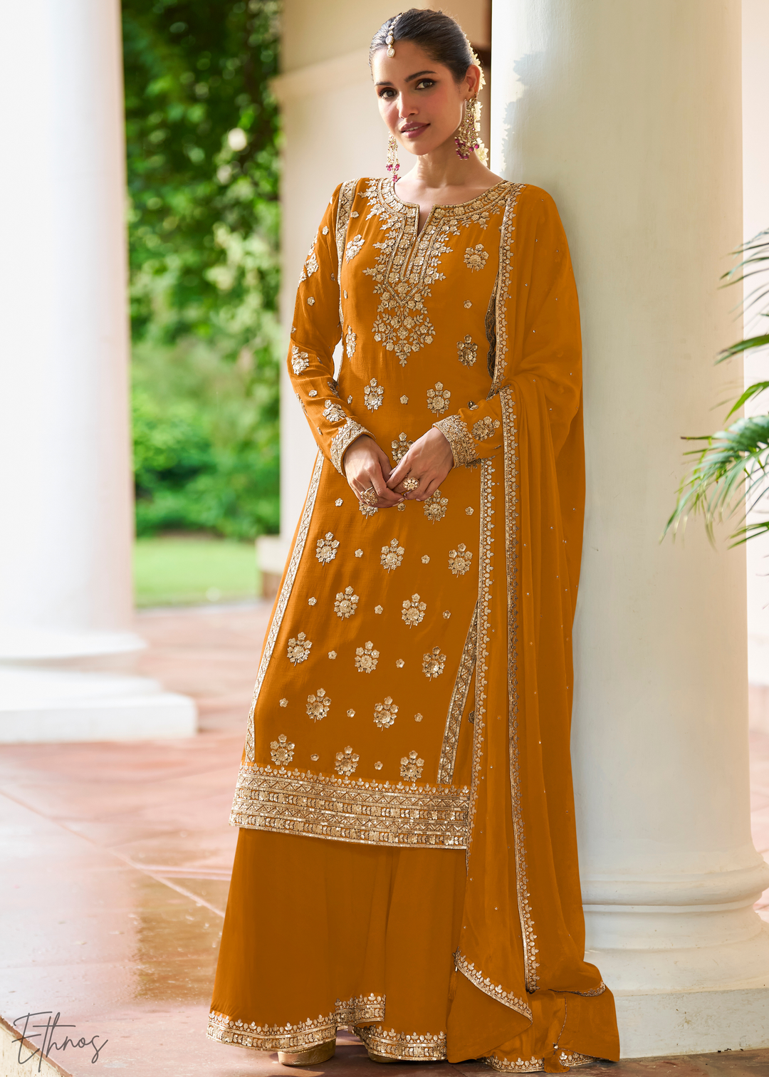 Mustard Embroidered Chinon Palazzo Suit