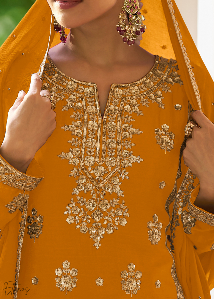 Mustard Embroidered Chinon Palazzo Suit