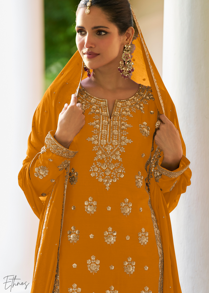 Mustard Embroidered Chinon Palazzo Suit